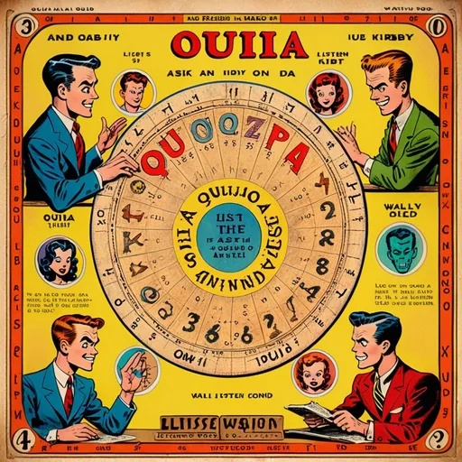 Prompt: illustrated Ouija board with the following 4 options on the board:
1. Listen
2. Respond
3. Ask a question
4. End the conversation

In the style of Jack Kirby and Wally Wood, 1940s vintage comic, faded colors