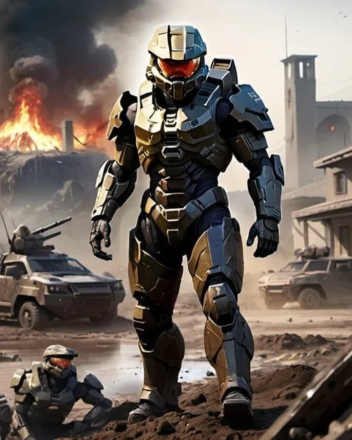 Prompt: A Spartan from Halo in a black amor that is covered in mud and blood, he is staying lonely on tha battelfield of Reach, evrywhere are laying dead bodies of the alliance and soldiers, behind him are falling bombs on a town, in his visor u see a town burning, the sun is going under