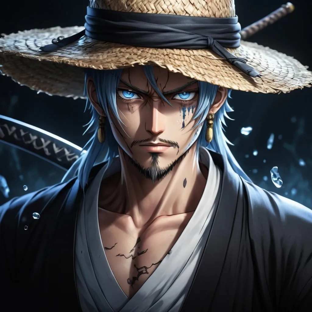 Prompt: Mysterious member of the Straw Hat Pirates with icy beauty and dark elegance, detailed gray-blue eyes, scars from past battles, elegant movements, rare katanas, dangerous aura, highres, detailed, anime, dark elegance, detailed eyes, sleek design, professional, atmospheric lighting