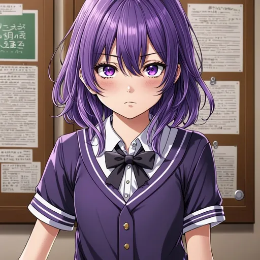 Prompt: anime, girl, detailed, purple hair,very detailed, is actually a boy, in a school girl outfit