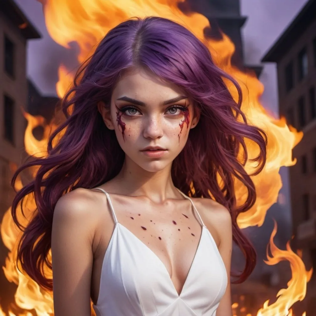 Prompt: Girl, purple hair, white dress, pretty face, flames behind her along side a evil fire demon that she can control, full body, mysterious look on her face, freckles, burning building background, brown skin tone, demon bigger 