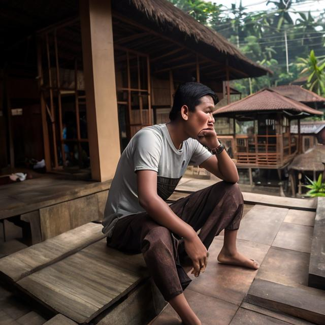 Prompt: Dua orang pria indonesia duduk di teras rumah dari kayu. Sedang duduk santai menghisap sebatang rokok dan secangkir kopi. Siluet asap ada di atas mereka. sangat realiistis