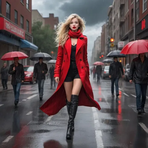 Prompt: gorgeous girl, red lips, red scarf, wind blowing, long red jacket, black boots, blonde hair, slim body structure, hyper realistic, walking toward the camera in a busy street, raining, dark cloud