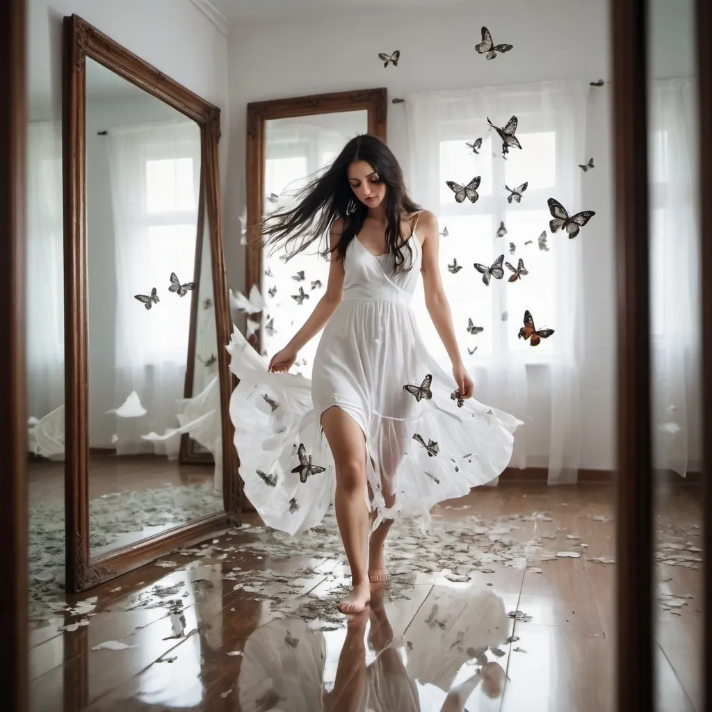 Prompt: Real photography. brunette woman, with gnawed white dress, thin white straps. she is barefoot, has long black tousled hair. mirror full of white buterflies flying. She is crossing the mirror

