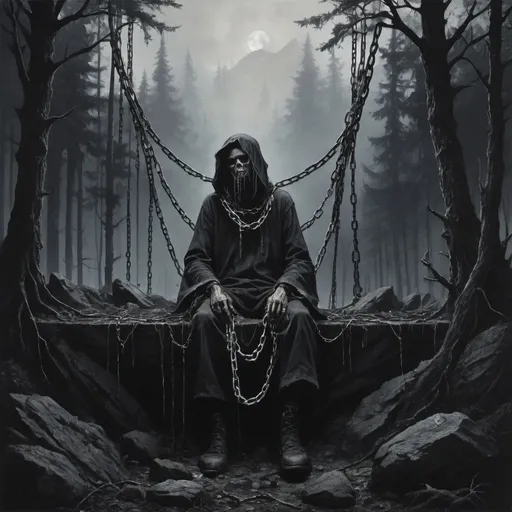 Prompt: dark forest on the edge of a mountain, 
a chained man in rags floating in the air 
black metal artwork