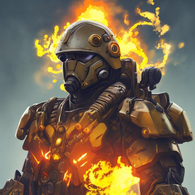 Prompt: Anime, Soldier, belt cape, no helmet, face mask, jetpack, retro power armor, hyperdetailed, male, firey glowing yellow aura, hyperrealistic, South Korean, Dessert Camo