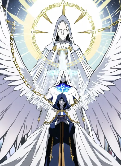 Prompt: Hooded, Deep Dark Blue Hood, Ivory White Mask, Male, Deep Dark Blue Robe, Chained book, golden chains, Large Wings, Large Four wings, Mystical, Holy, halo, Angel, white Long Hair, Golden Particles, 