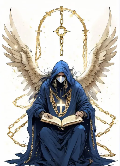 Prompt: Hooded, Deep Dark Blue Hood, Ivory White Mask, Male, Deep Dark Blue Robe, Chained book, golden chains, Wings, Four wings, Mystical, Holy, halo, Angel, white Long Hair, Golden Particles