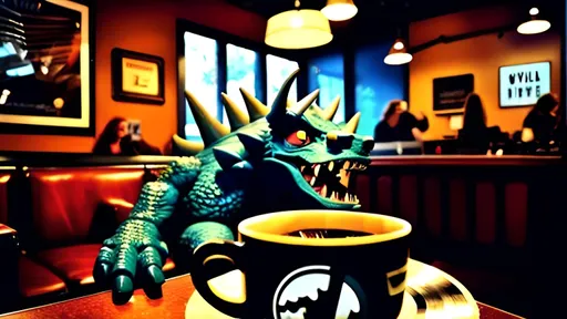 Prompt: listening to vinyl records at a coffee shop. A hodag is in the back.
