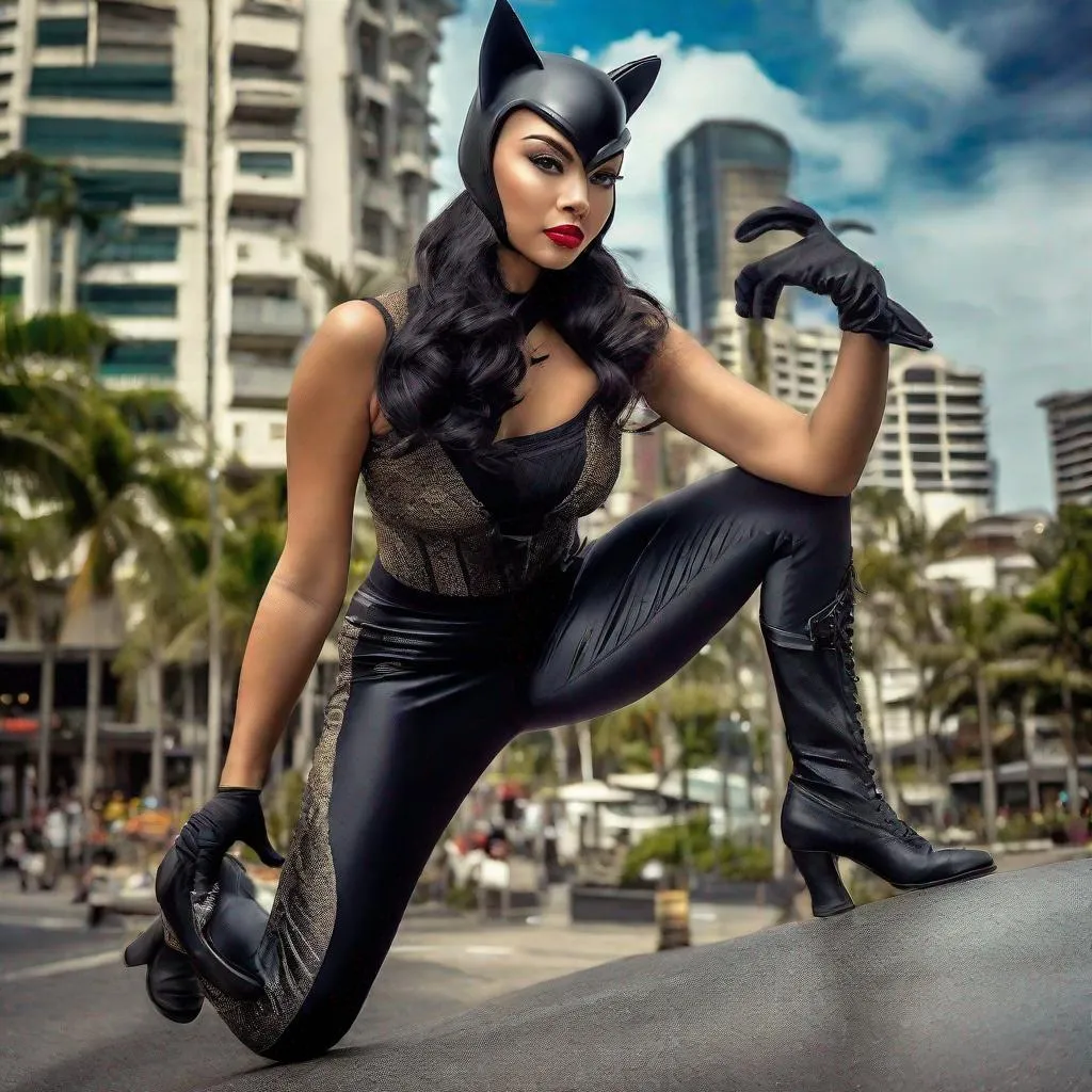 Prompt: RAW photo, athletic young Indonesian woman, 25 year old, (round face, high cheekbones, almond-shaped brown eyes, small delicate nose, black hair in long braid), dressed as Catwoman, perfect hourglass figure, action pose, background modern tropical city, masterpiece, intricate detail, hyper-realistic, photorealism, award–winning photograph, shot on Fujifilm XT3