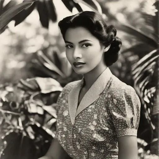 Prompt: (faded black and white photo), tropical garden, colonial mansion, ((full body photograph)), pretty young Indonesian woman, 25 year old, (round face, high cheekbones, almond-shaped brown eyes, slight epicanthic fold, short black hair, small delicate nose), (revealing 1940s clothes), perfect hourglass figure, masterpiece, intricate detail, sepia, vignette, grainy texture, retro charm, 1940s photograph