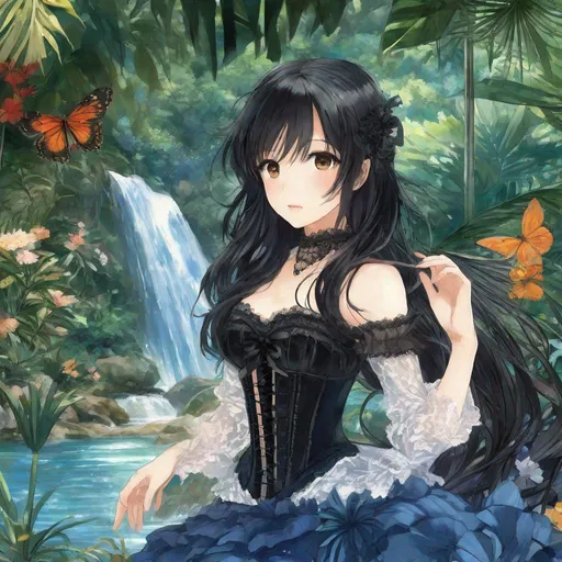 Prompt: anime art, pretty young Indonesian woman, 25 year old, (round face, high cheekbones, almond-shaped brown eyes, small delicate nose, long wavy black hair), strapless blue satin and black lace corset, black thigh-highs, background tropical garden, waterfall, mountains, masterpiece, intricate detail, Japanese manga, Pixiv, Anime Key Visual, Fantia 