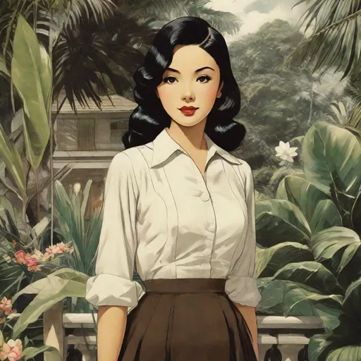 Prompt: anime art, (faded black and white photo), tropical garden, colonial mansion, ((full body photograph)), pretty young Indonesian woman, 25 year old, (round face, high cheekbones, almond-shaped brown eyes, slight epicanthic fold, short black hair, small delicate nose), (revealing 1940s clothes), perfect hourglass figure, masterpiece, intricate detail, sepia, vignette, grainy texture, retro charm, 1940s style photograph, Japanese manga, Pixiv, Anime Key Visual, Fantia 