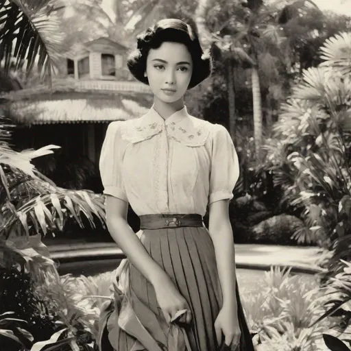 Prompt: anime art, (faded black and white photo), tropical garden, colonial mansion, ((full body photograph)), pretty young Indonesian woman, 25 year old, (round face, high cheekbones, almond-shaped brown eyes, slight epicanthic fold, short black hair, small delicate nose), (revealing 1940s clothes), perfect hourglass figure, masterpiece, intricate detail, sepia, vignette, grainy texture, retro charm, 1940s style photograph, Japanese manga, Pixiv, Anime Key Visual, Fantia 