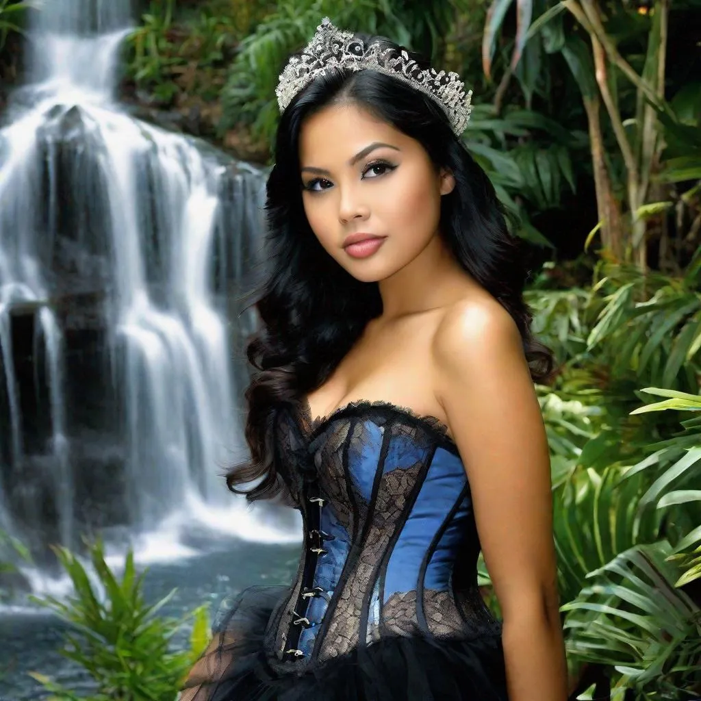Prompt: RAW photo, pretty young Indonesian woman, 25 year old, (round face, high cheekbones, almond-shaped brown eyes, small delicate nose, long wavy black hair), strapless blue satin and black lace corset, black thigh-highs, background tropical garden, waterfall, mountains, masterpiece, intricate detail, photorealism, award-winning-photograph, shot on Fujifilm XT3