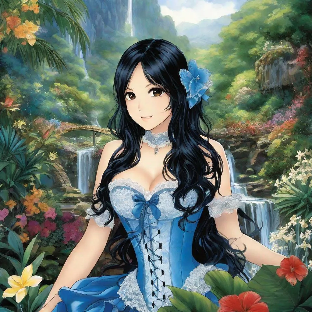 Prompt: anime art, pretty young Indonesian woman, 25 year old, (round face, high cheekbones, almond-shaped brown eyes, small delicate nose, long wavy black hair), strapless blue satin and black lace corset, black thigh-highs, background tropical garden, waterfall, mountains, masterpiece, intricate detail, Japanese manga, Pixiv, Anime Key Visual, Fantia 