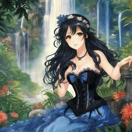 Prompt: anime art, pretty young Indonesian woman, 25 year old, (round face, high cheekbones, almond-shaped brown eyes, small delicate nose, long wavy black hair), strapless blue satin and black lace corset, black thigh-highs, background tropical garden, waterfall, mountains, masterpiece, intricate detail, Japanese manga, Pixiv, Anime Key Visual, Fantia 