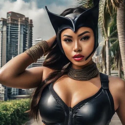Prompt: RAW photo, athletic young Indonesian woman, 25 year old, (round face, high cheekbones, almond-shaped brown eyes, small delicate nose, black hair in long braid), dressed as Catwoman, perfect hourglass figure, action pose, background modern tropical city, masterpiece, intricate detail, hyper-realistic, photorealism, award–winning photograph, shot on Fujifilm XT3