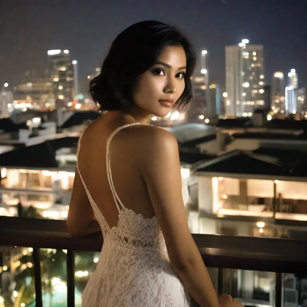 Prompt: RAW photo, pretty young Indonesian woman, 25 year old, (round face, high cheekbones, almond-shaped brown eyes, small delicate nose, bob black hair), (see-through white babydoll), negligee, background balcony of penthouse flat, tropical city at night, masterpiece, intricate detail, hyper-realistic, photorealism, award–winning photograph, shot on Fujifilm XT3 