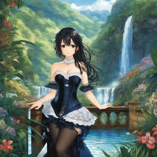 Prompt: anime art, pretty young Indonesian woman, 25 year old, (round face, high cheekbones, almond-shaped brown eyes, small delicate nose, long wavy black hair), strapless blue satin and black lace corset, black thigh-highs, background tropical garden, waterfall, mountains, masterpiece, intricate detail, Japanese manga, Pixiv, Anime Key Visual, Fantia 