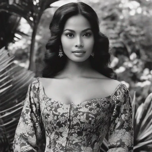 Prompt: (faded black and white photo), tropical garden, colonial mansion, (3/4 body), pretty young Indonesian woman, 25 year old, (round face, high cheekbones, almond-shaped brown eyes, slight epicanthic fold, long wavy black hair, small delicate nose), (revealing traditional Javanese batik kebaya), perfect hourglass figure, masterpiece, intricate detail, sepia, vignette, grainy texture, retro charm, 1940s photograph