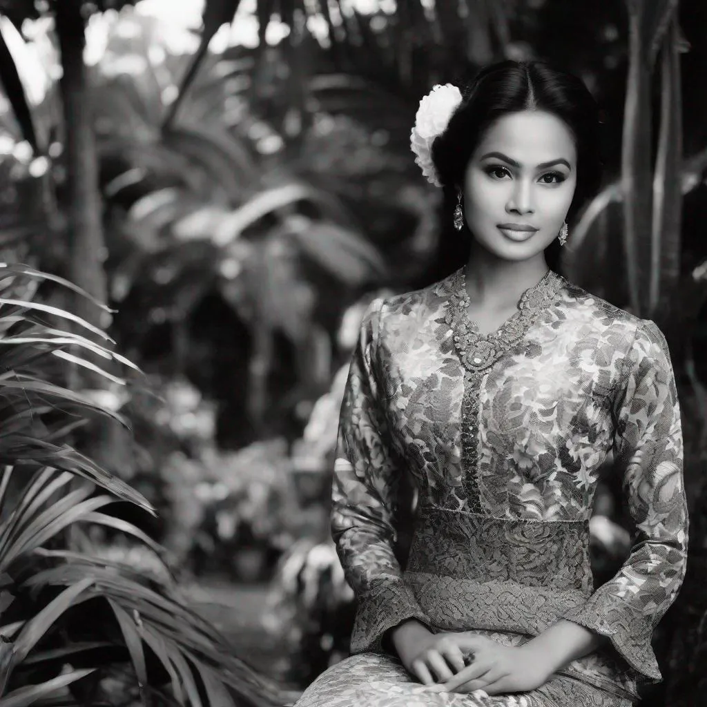 Prompt: (faded black and white photo), tropical garden, colonial mansion, (3/4 body), pretty young Indonesian woman, 25 year old, (round face, high cheekbones, almond-shaped brown eyes, slight epicanthic fold, long wavy black hair, small delicate nose), (revealing traditional Javanese batik kebaya), perfect hourglass figure, masterpiece, intricate detail, sepia, vignette, grainy texture, retro charm, 1940s photograph