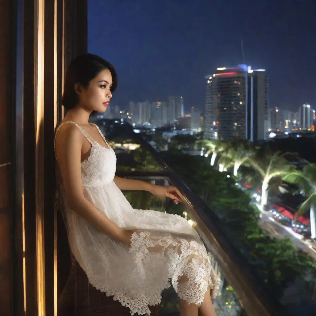Prompt: RAW photo, pretty young Indonesian woman, 25 year old, (round face, high cheekbones, almond-shaped brown eyes, small delicate nose, bob black hair), (see-through white babydoll), negligee, background balcony of penthouse flat, tropical city at night, masterpiece, intricate detail, hyper-realistic, photorealism, award–winning photograph, shot on Fujifilm XT3 