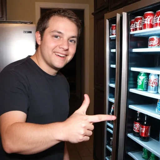 Prompt: Friend 2: Standing in front of the fridge, pointing at a 6-pack of soda or beer inside.