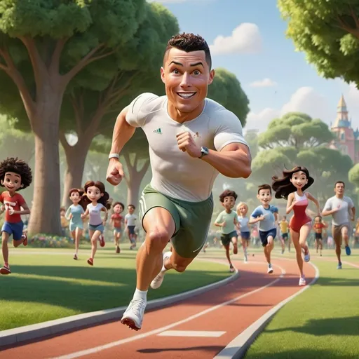 Prompt: A park with a running track. Ronaldo is seen sprinting in the backgrou.Disney Pixar Cartoon type B