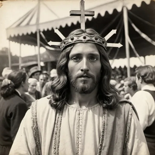 Prompt: A black and white photograph from 1800's of Jesus Christ at the carnival