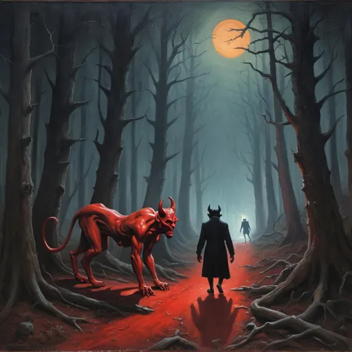 Prompt: A oil painting of The devil watching a cat walking in a dark and spooky forest