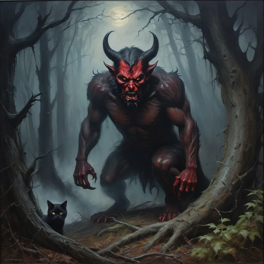 Prompt: Oil painting of the devil watching a cat in a dark spooky forest, detailed devil with menacing expression, realistic oil painting, misty atmospheric forest, intense and eerie presence, high quality, detailed brushstrokes, dark tones, dramatic lighting