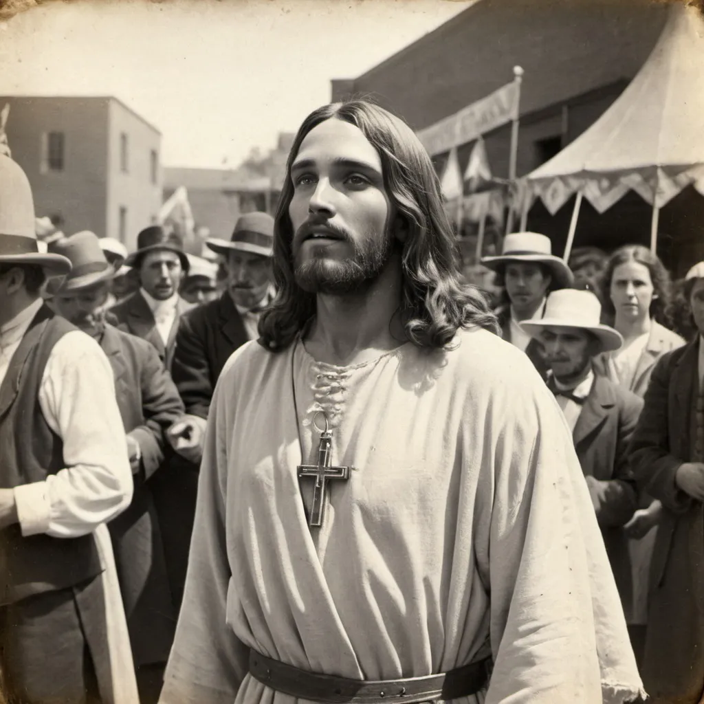 Prompt: A black and white photograph from 1800's of Jesus Christ at the carnival