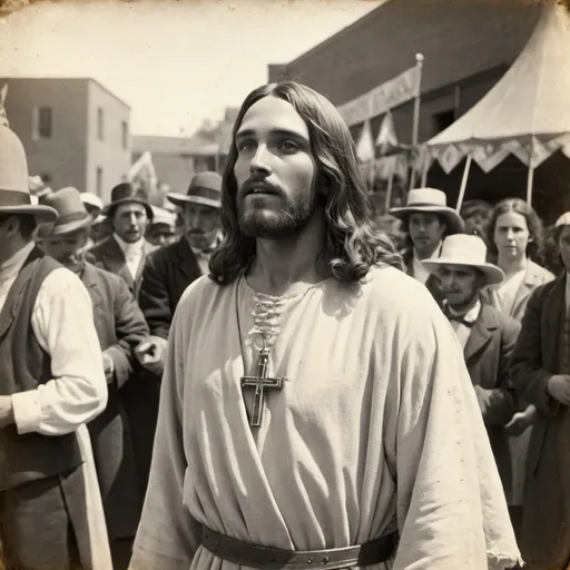 Prompt: A black and white photograph from 1800's of Jesus Christ at the carnival