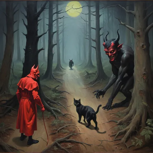 Prompt: A oil painting of The devil watching a cat walking in a dark and spooky forest