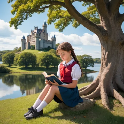 Prompt: A girl with mouse brown braided hair sitting under an oak tree on the left you can see a castle on the top of a Hill and a Lake. She iswearing a crimson Red school Uniform with White blouse and US  reading in a blue book