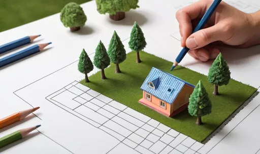 Prompt: a person is drawing a model of a house on a table with trees and buildings on it and a pencil, Chris LaBrooy, environmental art, isometric view, a digital rendering