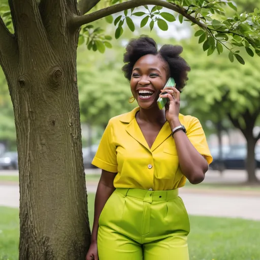 Prompt: a woman in a green and yellow outfit is talking on a cell phone and laughing while standing in front of a tree, Chinwe Chukwuogo-Roy, lyco art, cheerful, a photocopy