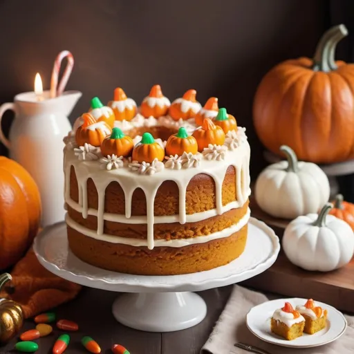 Prompt:  pumpkin cake. With cheese cream frosting on top with candy pumpkins  seasonal 