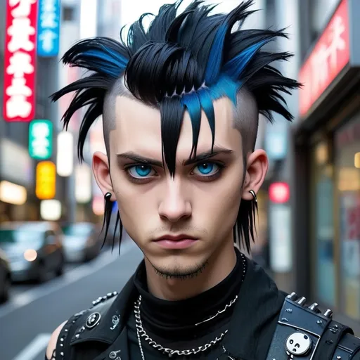 Prompt: goth male black punk haircut with and with  
natural blue eyes hair in city Tokyo cyberpunk