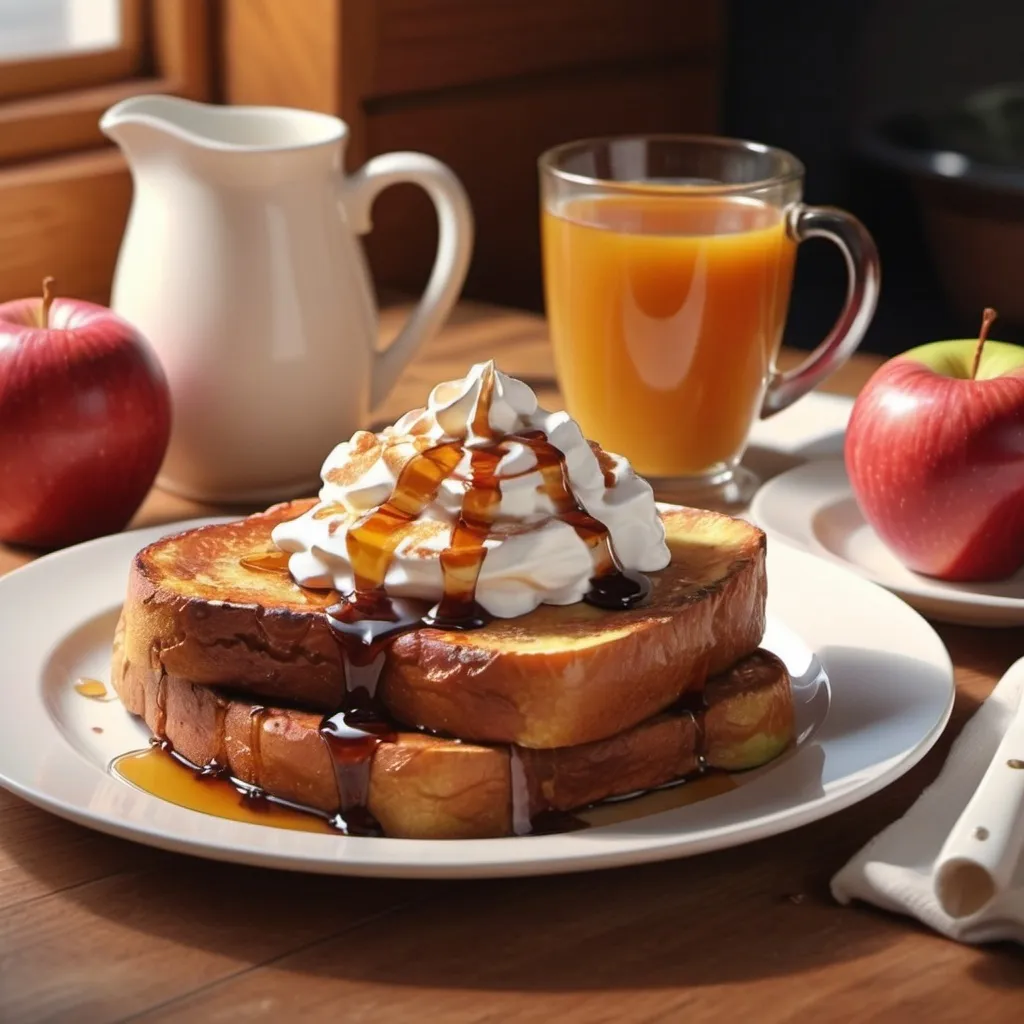 Prompt: Apple French toast with whip cream on top for breakfast