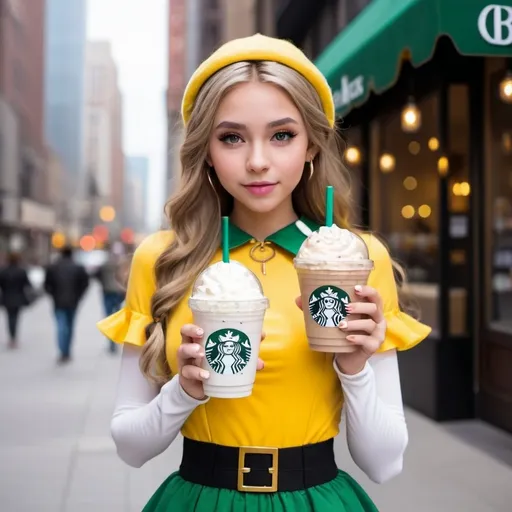 Prompt: Elf girl age 19 order startBucks  Mocha white frozen drink in coffee in big city wearing girly outfit yellow 