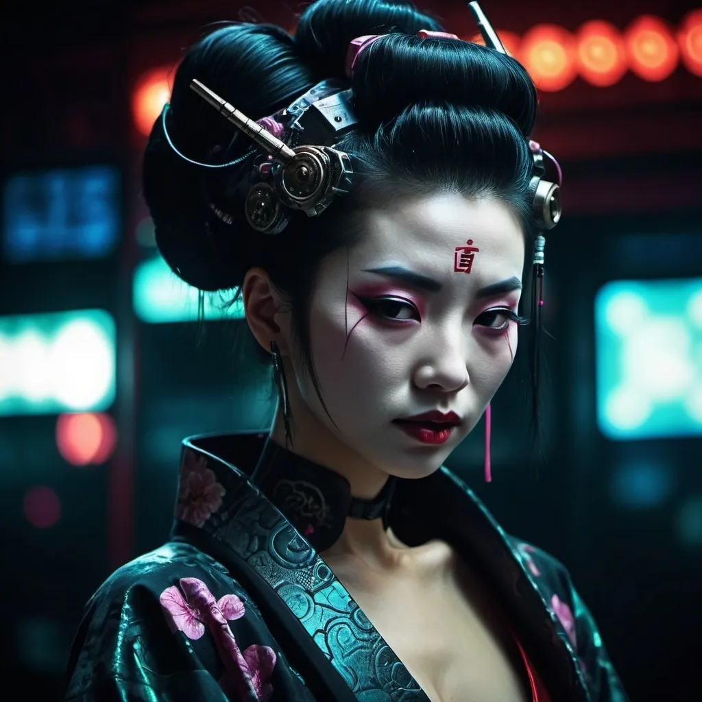 Prompt: Grainy photo cyberpunk style , women Neo Geisha  in club night, highly detailed, HD, dark background