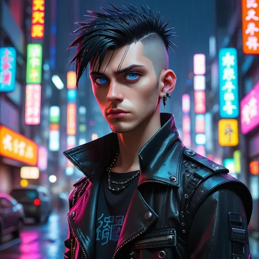 Prompt: goth male black punk haircut with and with  
natural blue eyes hair in city Tokyo cyberpunk