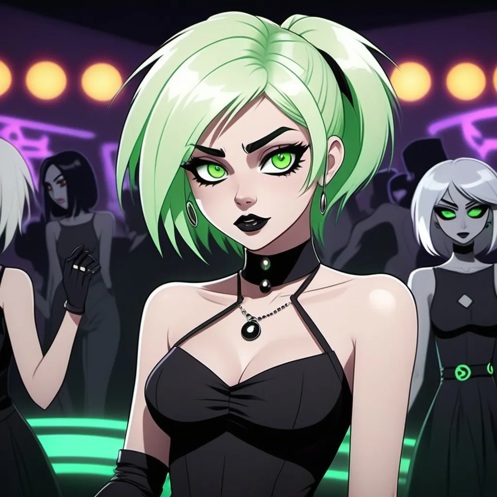 Prompt: Danny Phantom style anime women age 19 Goth with and light green eyes blonde hair at a dance club ghost theme