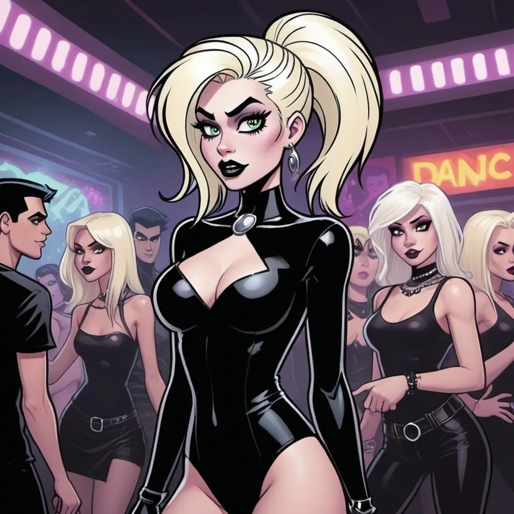 Prompt: Danny Phantom style comic book  women Goth with blonde hair at a dance club Triphop