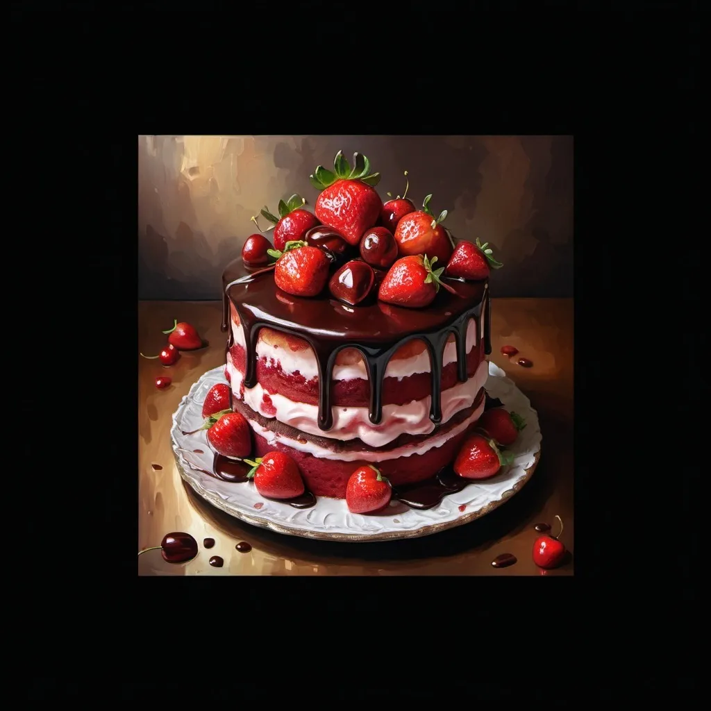 Prompt: a beautiful paint of cake strawberry with dark chocolate and cherries on top 