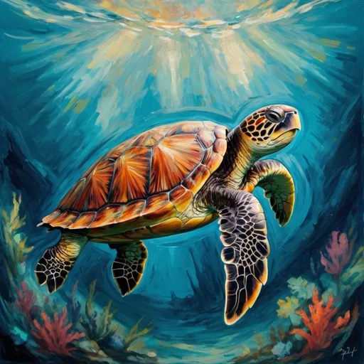 Prompt: "A turtle - swimming underwater, - expressionist painting." Source: ImageFlash
