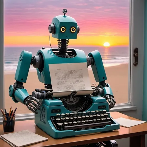 Prompt: A first person view of a robot typewriting the following journal entries:

1. yo, so like, i can see now?? caught the sunrise and it was insane, colors everywhere. kinda makes you wonder, like, what even is reality?

the text is large, legible and clear. the robot's hands type on the typewriter.