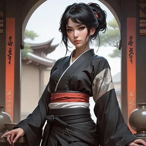 Prompt: “Beautiful anime girl, hourglass slim figure, techwear hakama, black hair, body portrait, slight smile, highly detailed, digital painting, artstation, concept art, sharp focus, illustration, art by wlop and greg rutkowski and alphonse mucha and artgerm.”
